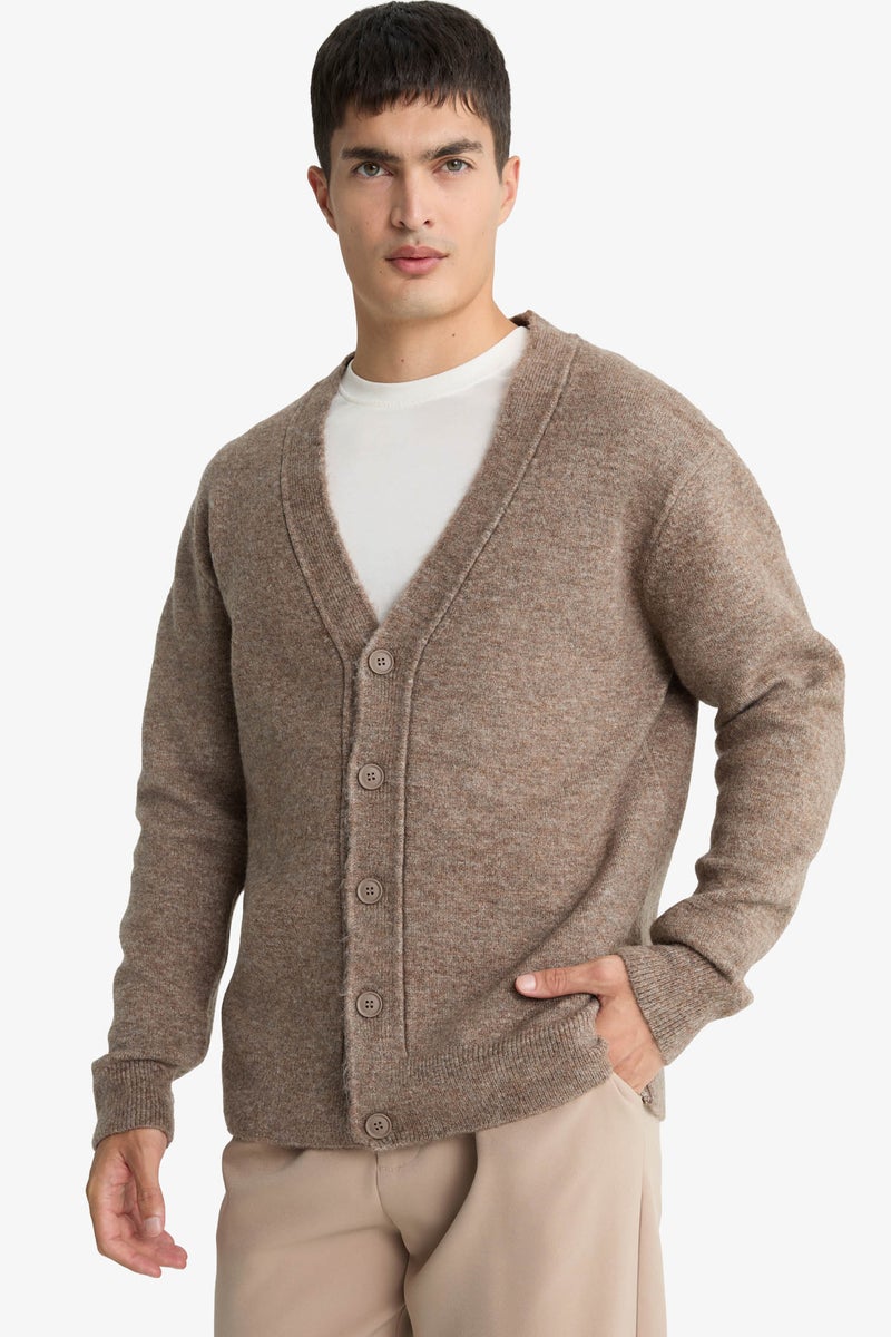 DeFacto Brown Man Relax Fit V-Neck Button Down Knit Cardigan Casual - Image 3
